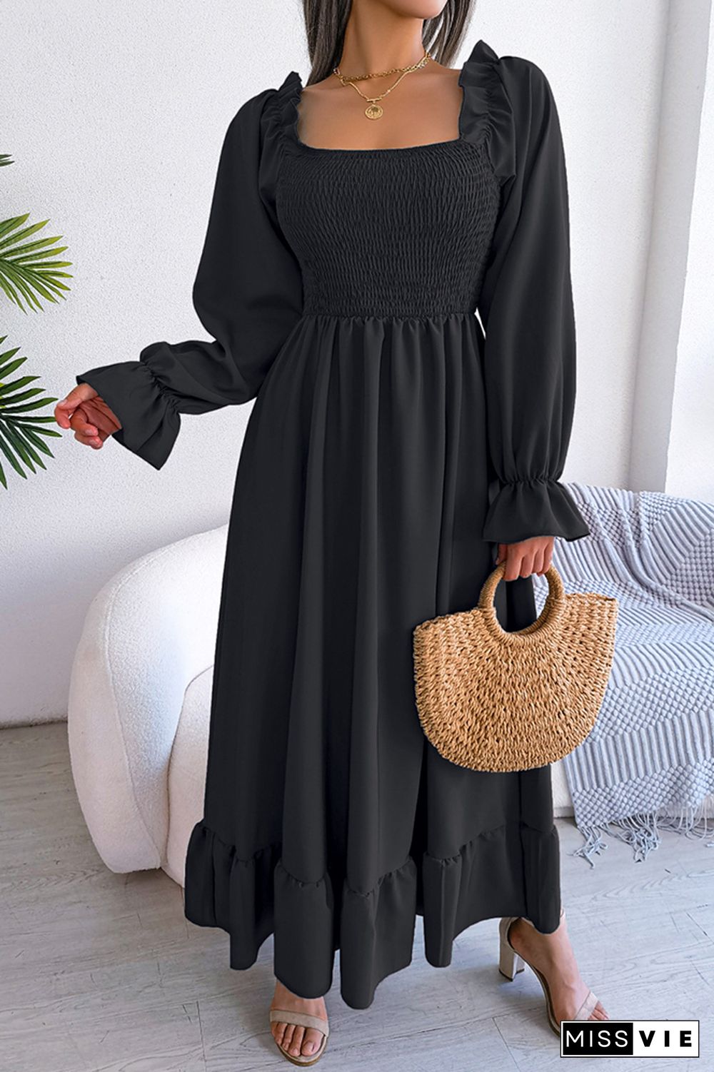 Plain Square Neck Smocked Top Maxi Dress