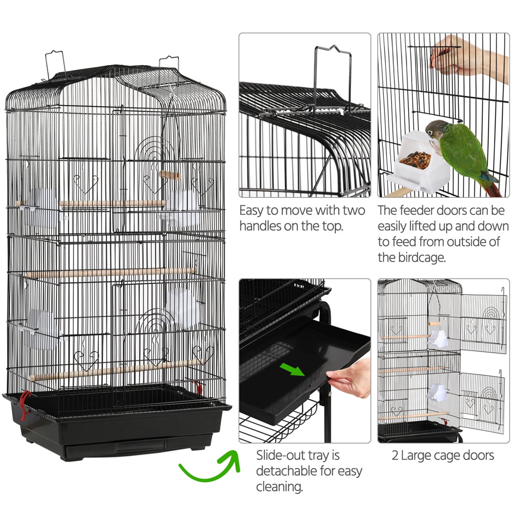 Topeakmart 64''H Open Top Metal Birdcage Rolling Parrot Cage with Detachable Stand， Black