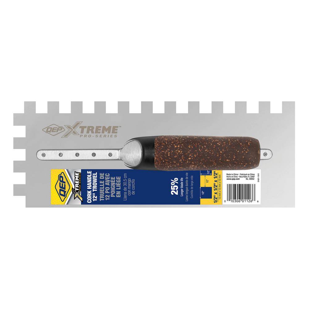 QEP 12 in. x 12 in. x 12 in. Cork Handle XL Stainless Steel Square-Notch Flooring Trowel 49952