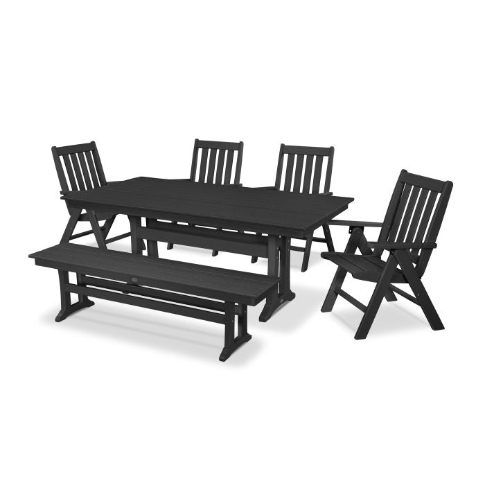 Polywood Vineyard 6-Piece Folding Chair Farmhouse Dining Set with Trestle Legs and Bench PWS422-1