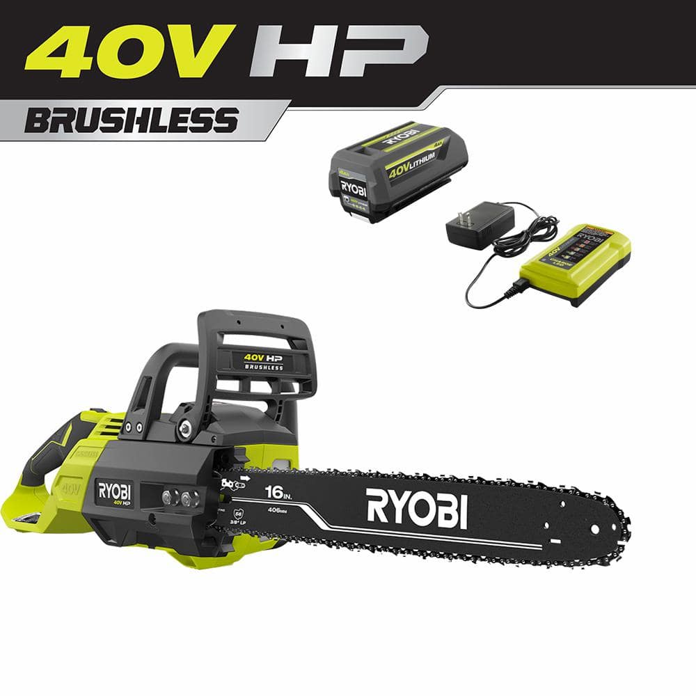 RYOBI 40V HP Brushless 16 in. Battery Chainsaw with 4.0 Ah Battery and Charger RY40550