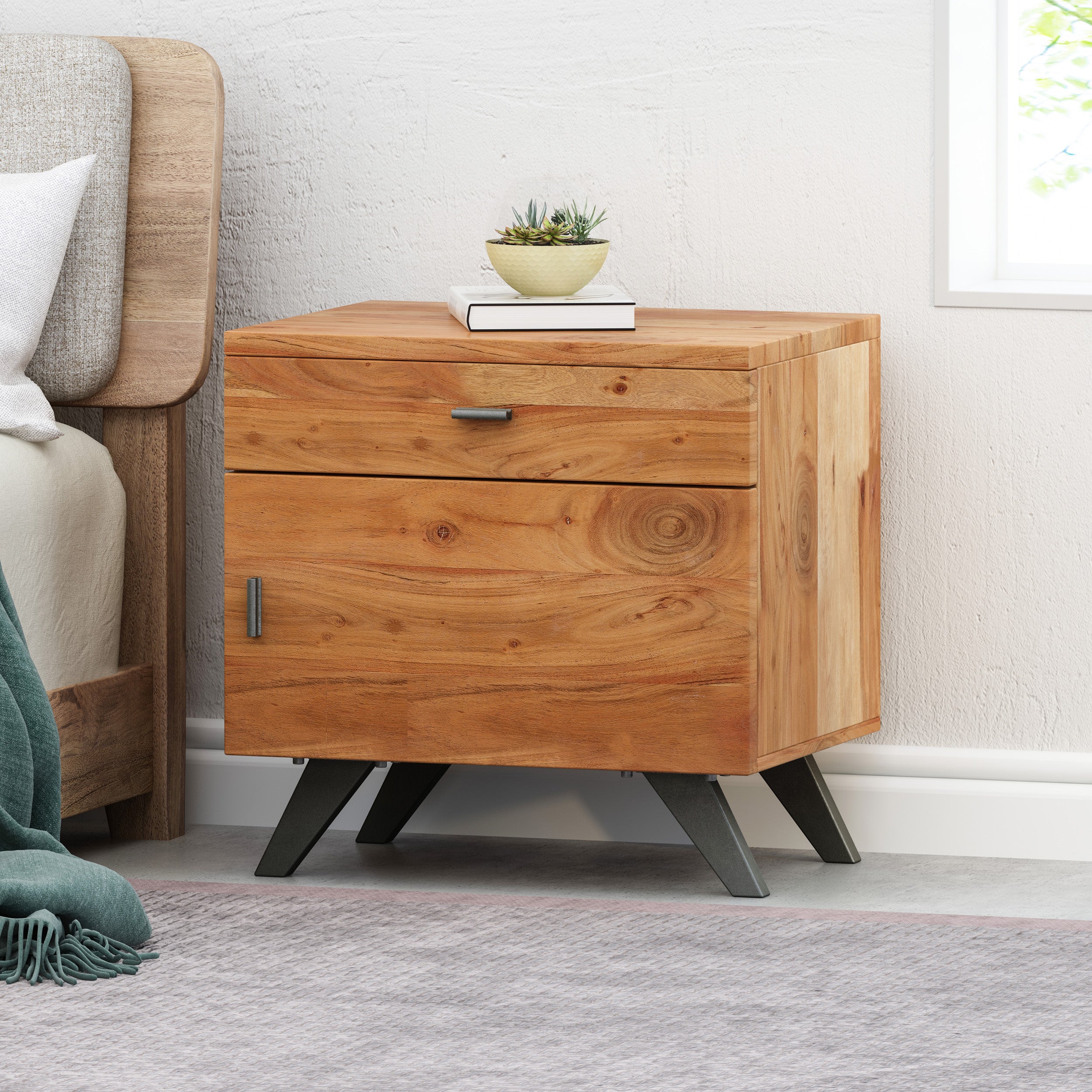 Leona Mid-Century Industrial Acacia Wood Side Table