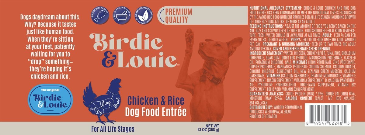 Birdie and Louie Chicken and Rice Flavored Pate Canned Dog Food， 13-oz， case of 12