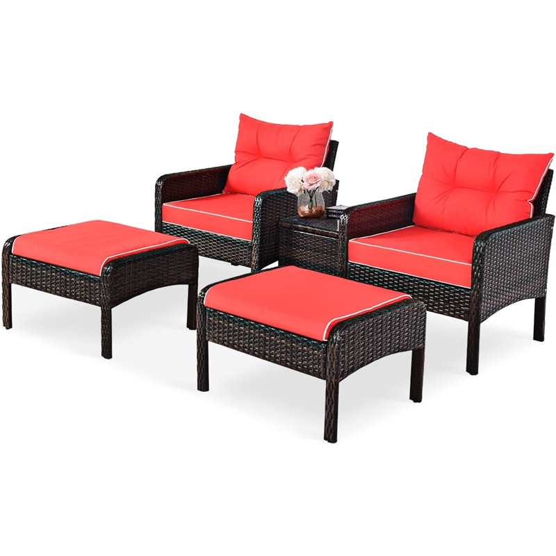 5 Pcs Rattan Patio Conversation Sets with Ottomans & Coffee Table, Wicker Outdoor Bistro Set