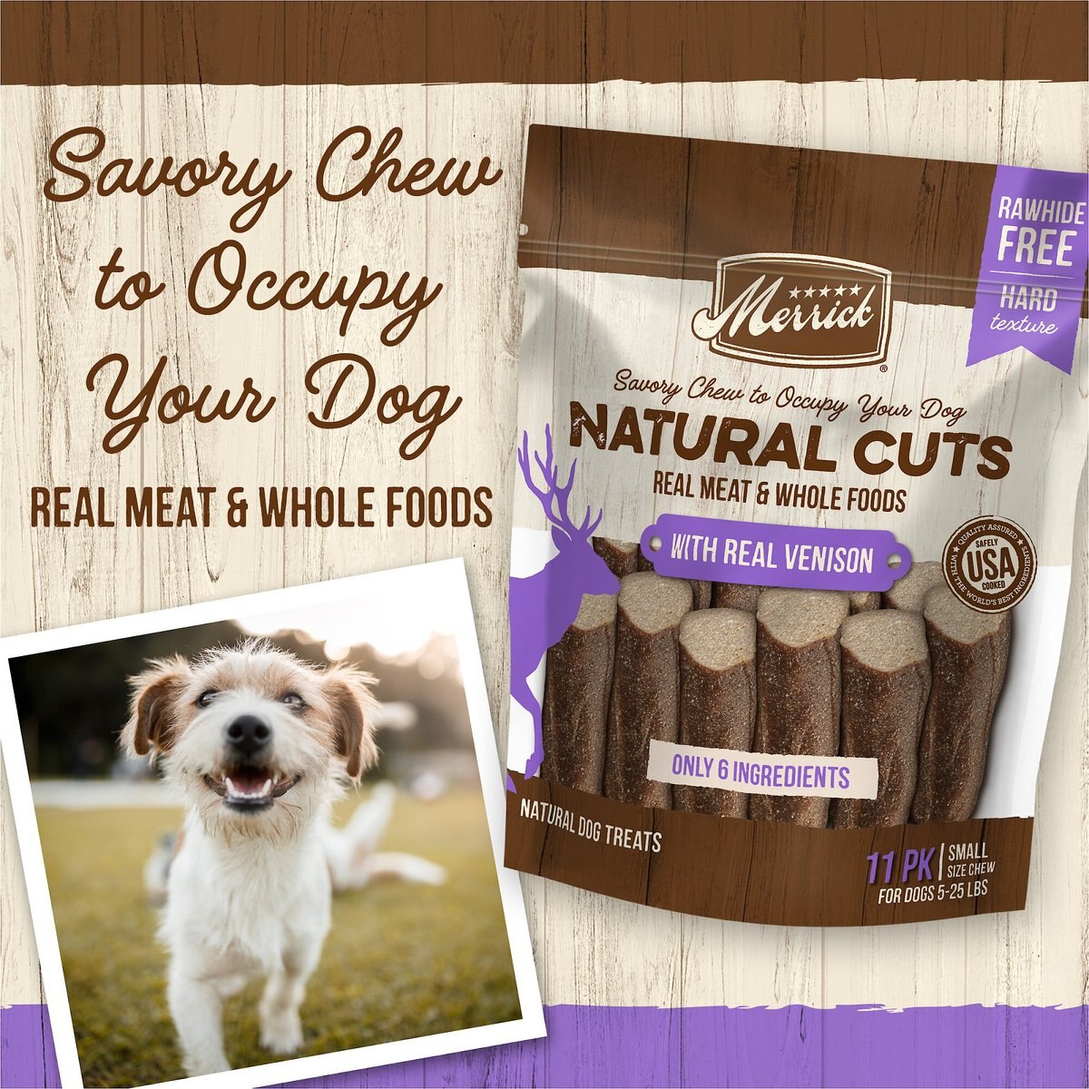 Merrick Natural Cuts Small Real Venison Rawhide Free Dog Treats， 11 count