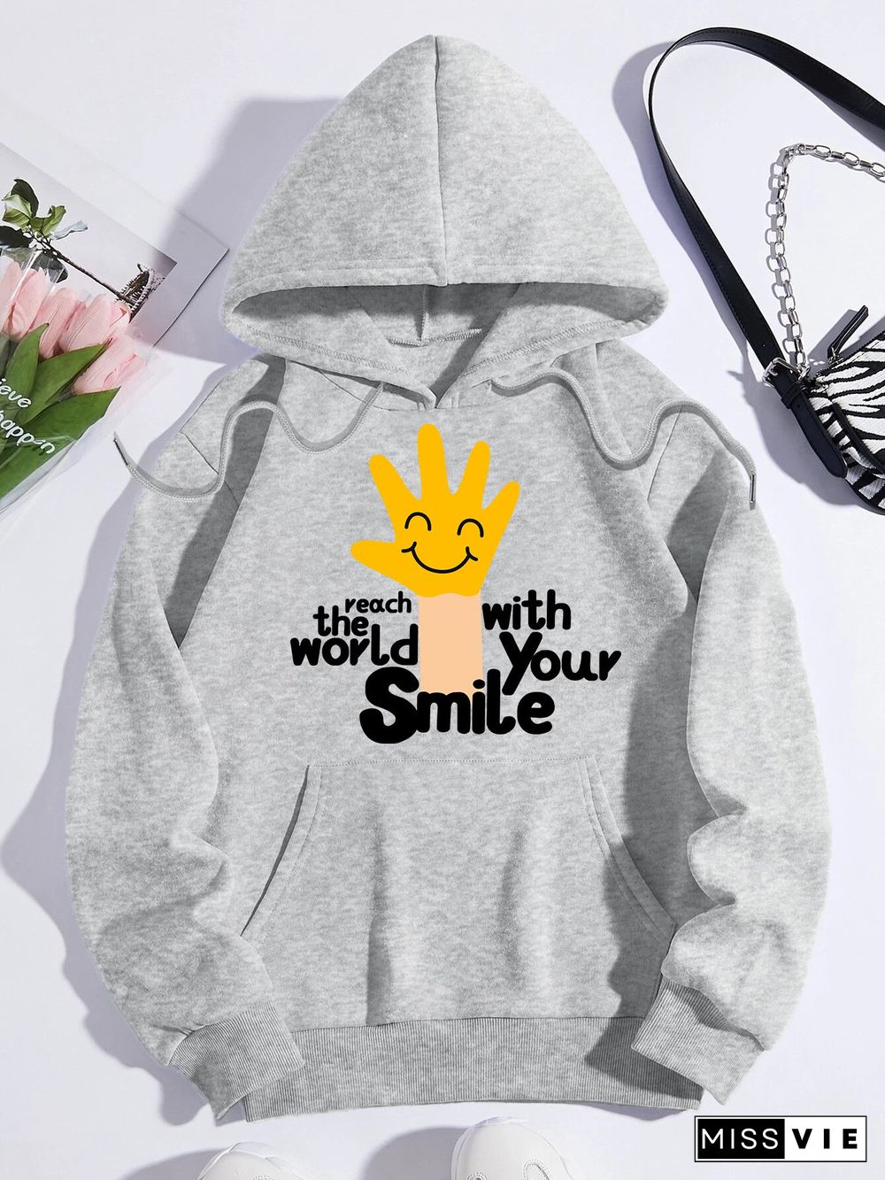 Printed on front Kangaroo Pocket Hoodie Long Sleeve for Women Pattern Touch the World with Your Smile