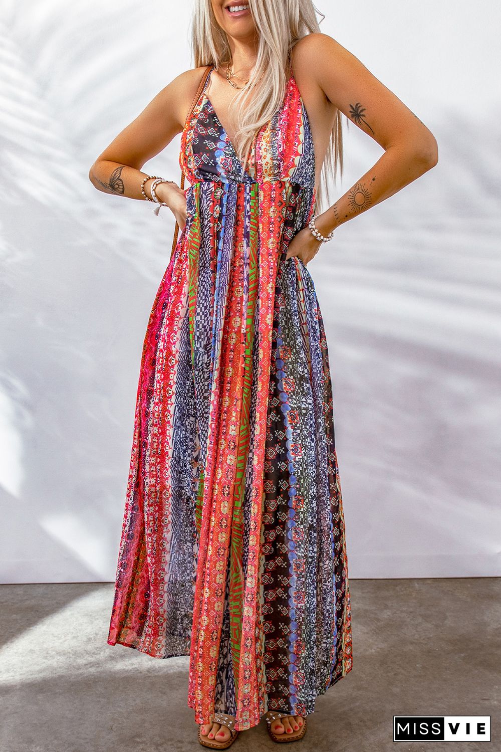 Multicolor Sling V-Neck Backless Boho Maxi Dress