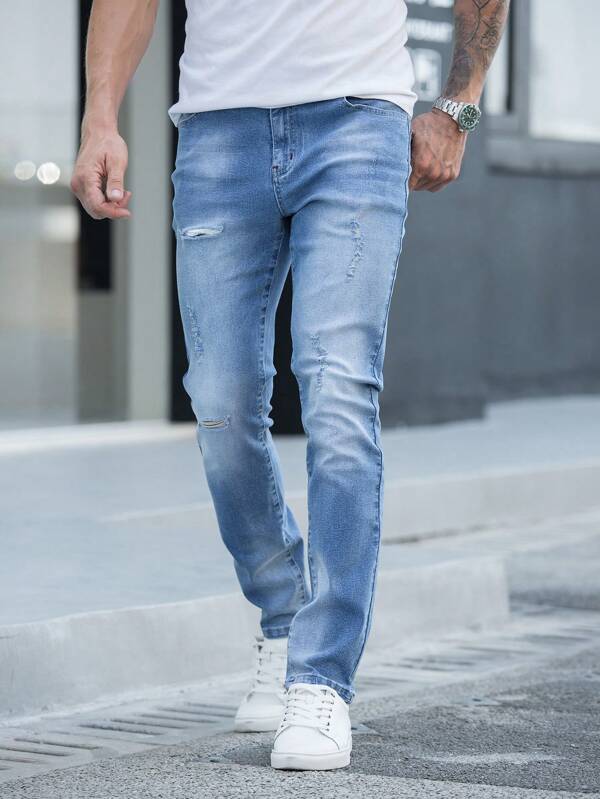Men Cotton Bleach Wash Ripped Frayed Cat Scratch Jeans
