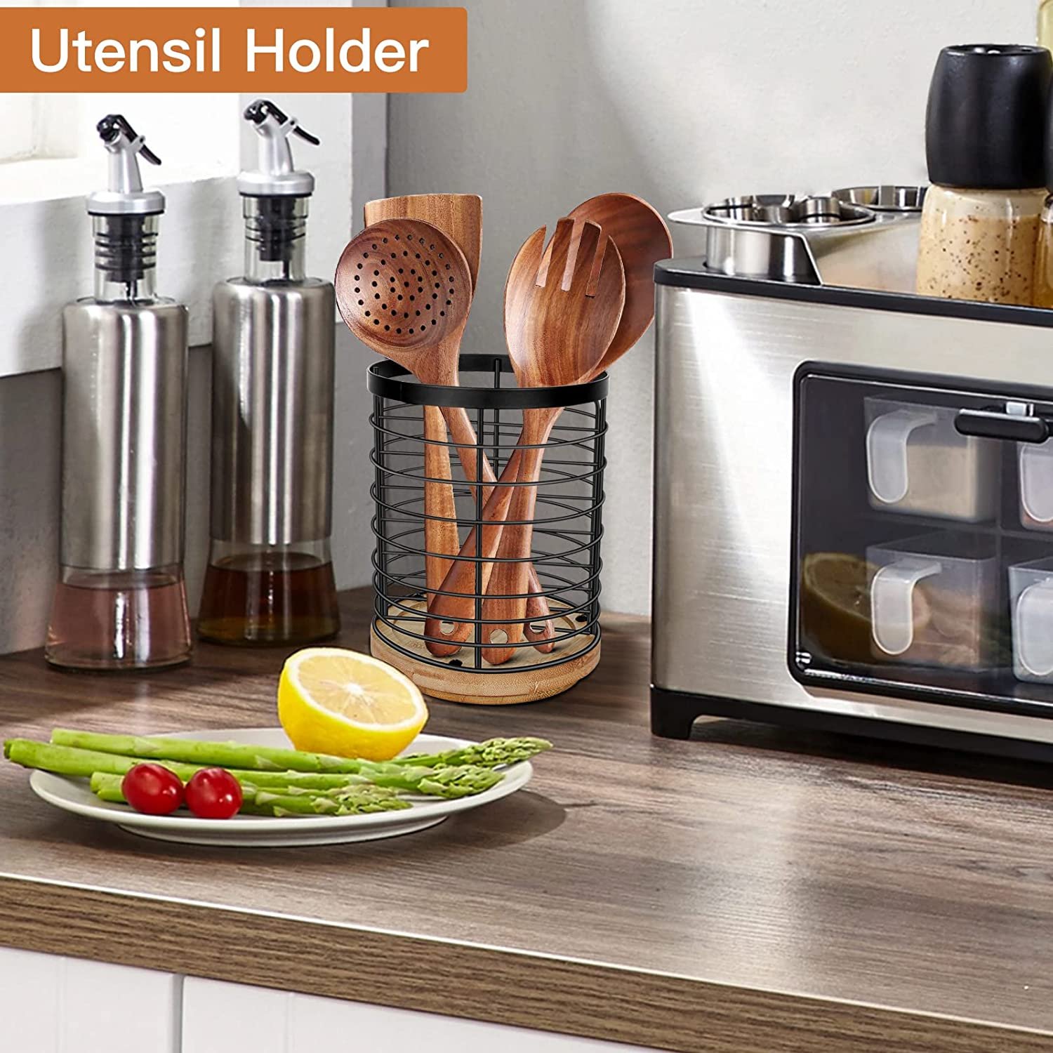 Utensil Holder For Kitchen Counter， Cooking Utensils Holder， Black Metal+Wooden Base Utens