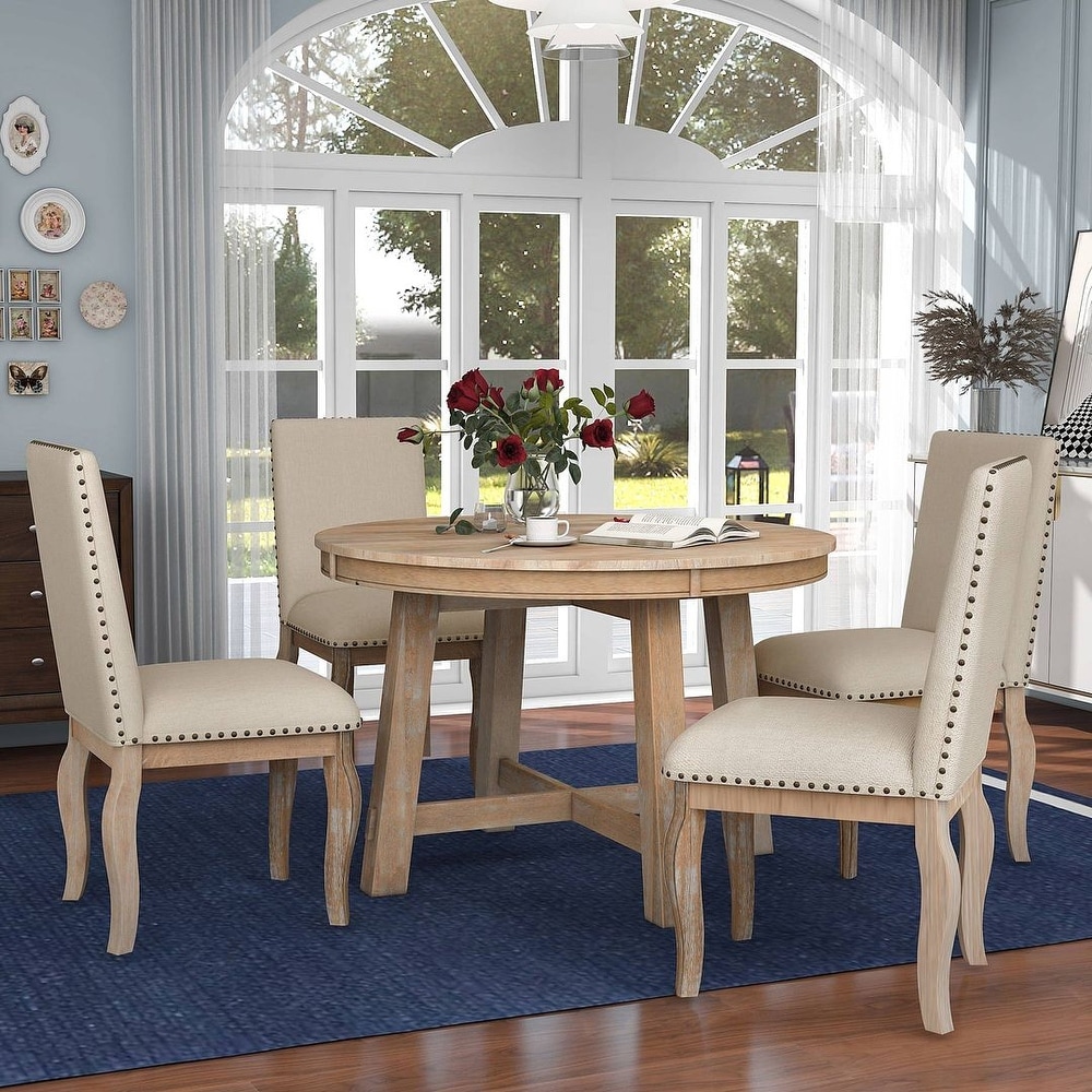 Expandable round dining table set for 4