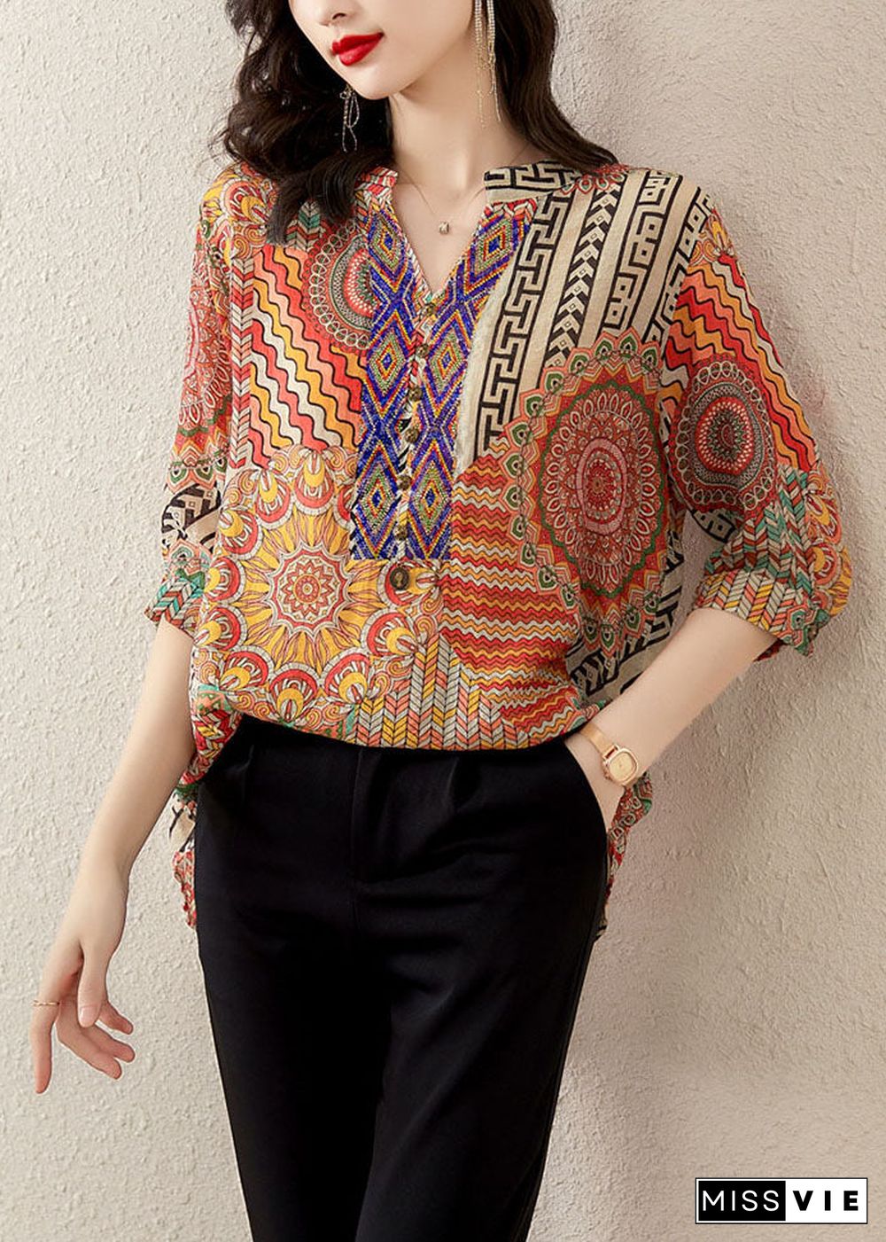 Plus Size Orange V Neck Print Patchwork Chiffon T Shirt Tops Summer