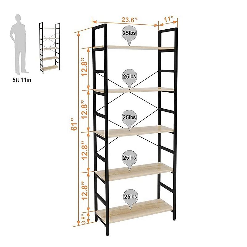 Bestier 5 Tier Adjustable Multifunctional Storage Display Bookcase 26 Inch， Oak