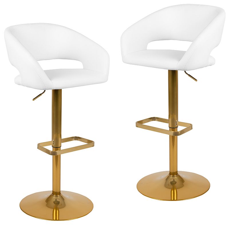 Emma and Oliver 2PK Black Vinyl Adjustable Height Barstool with Rounded Mid-Back and Gold Base