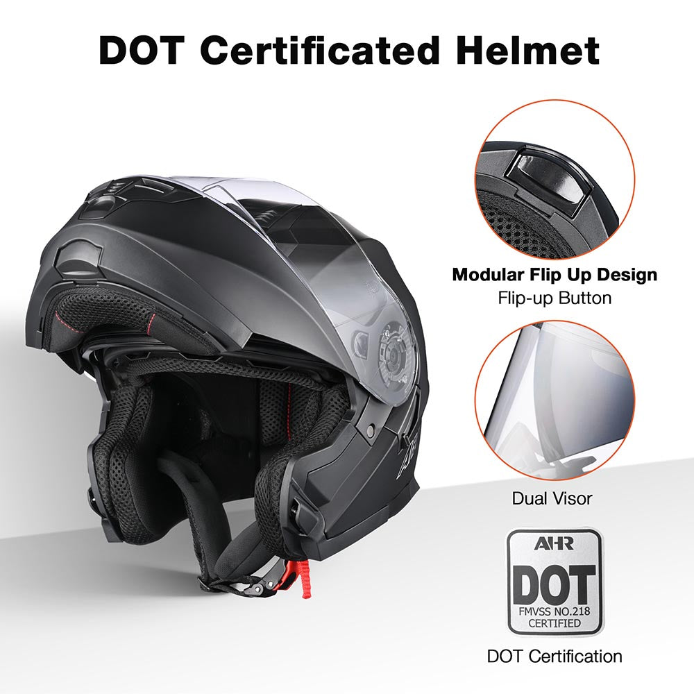 AHR RUN-M3 Modular Helmet Flip Up DOT 2-Visors Matte Black