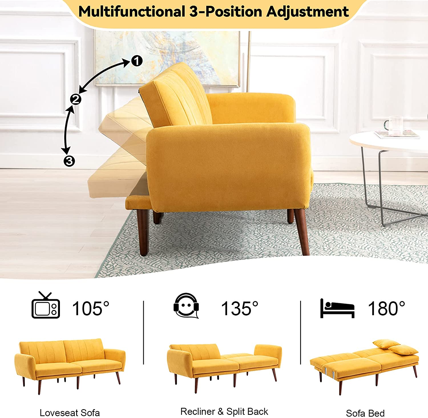 Vicluke Convertible Futon Sofa Bed, Modern Linen Split-Back Folding Sleeper Sofa Couches with Adjustable Backrest, Armrest, Wooden Frame & Leg for Living Room, Apartment, Hotel(Yellow)