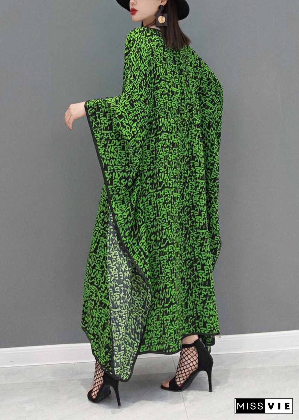 Plus Size Green O-Neck Print Batwing Dresses Long Sleeve