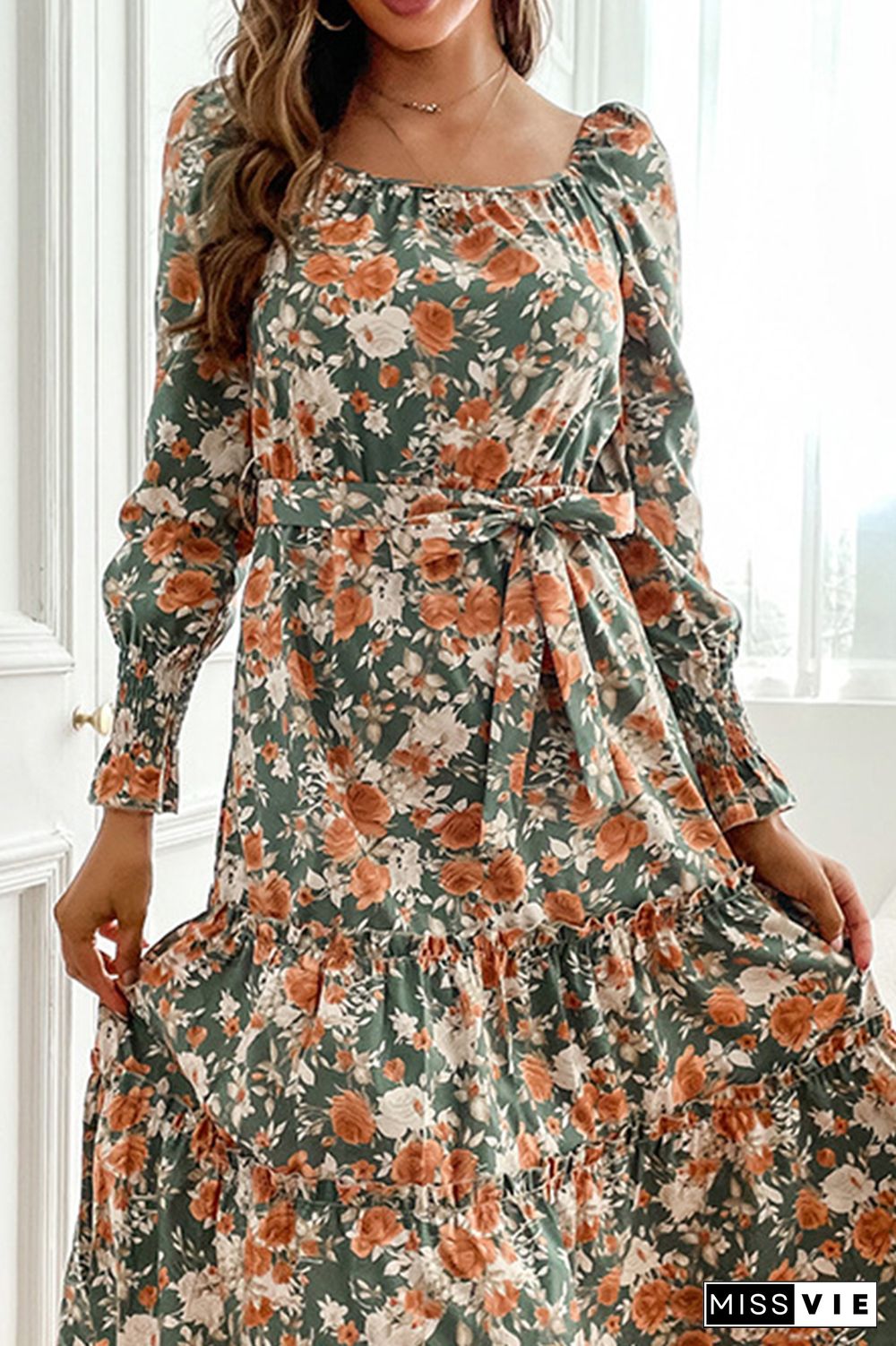 Printed Square-cut Collar Flounces Longsleeves Floral Dress Wholesale