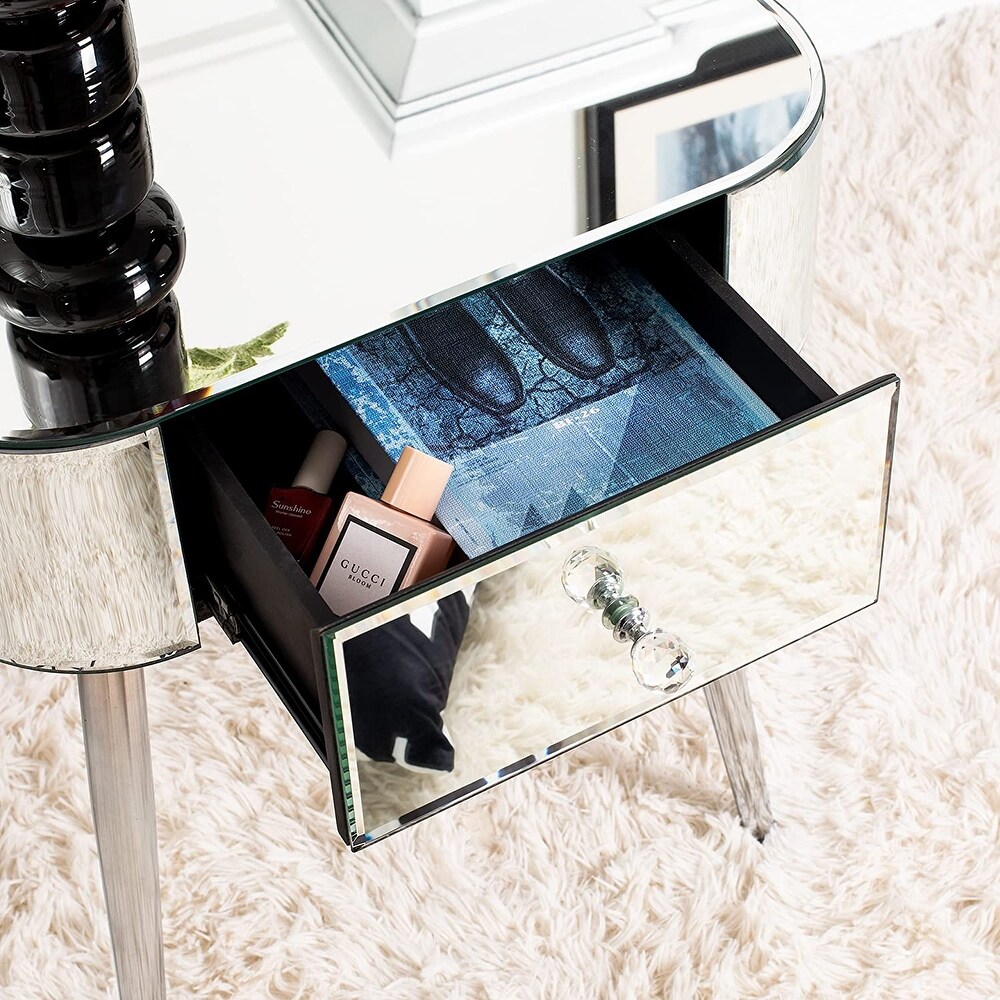 Mirrored Accent Table 1 Drawer Silver Curved Corners