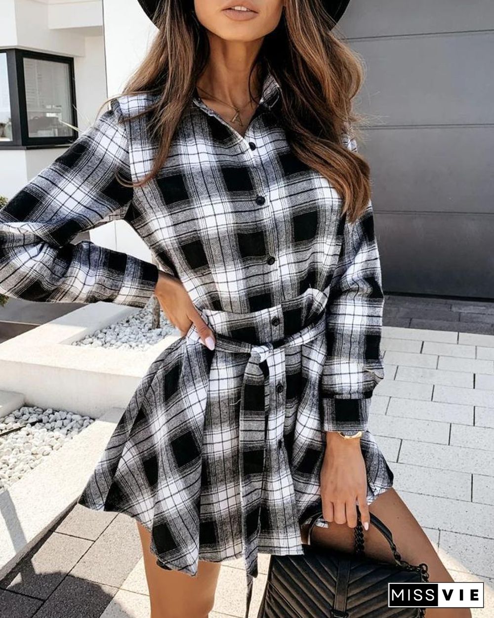 Plaid Colorblock Long Sleeve Shirt Dress P13915