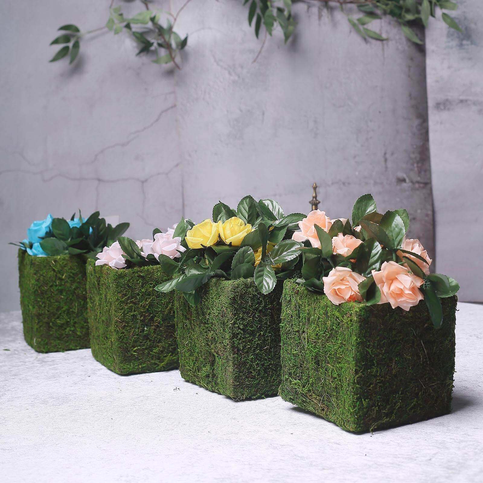 4 Pack Green Preserved Moss Covered Square Planter Boxes, Flower Baskets with Inner Lining 6