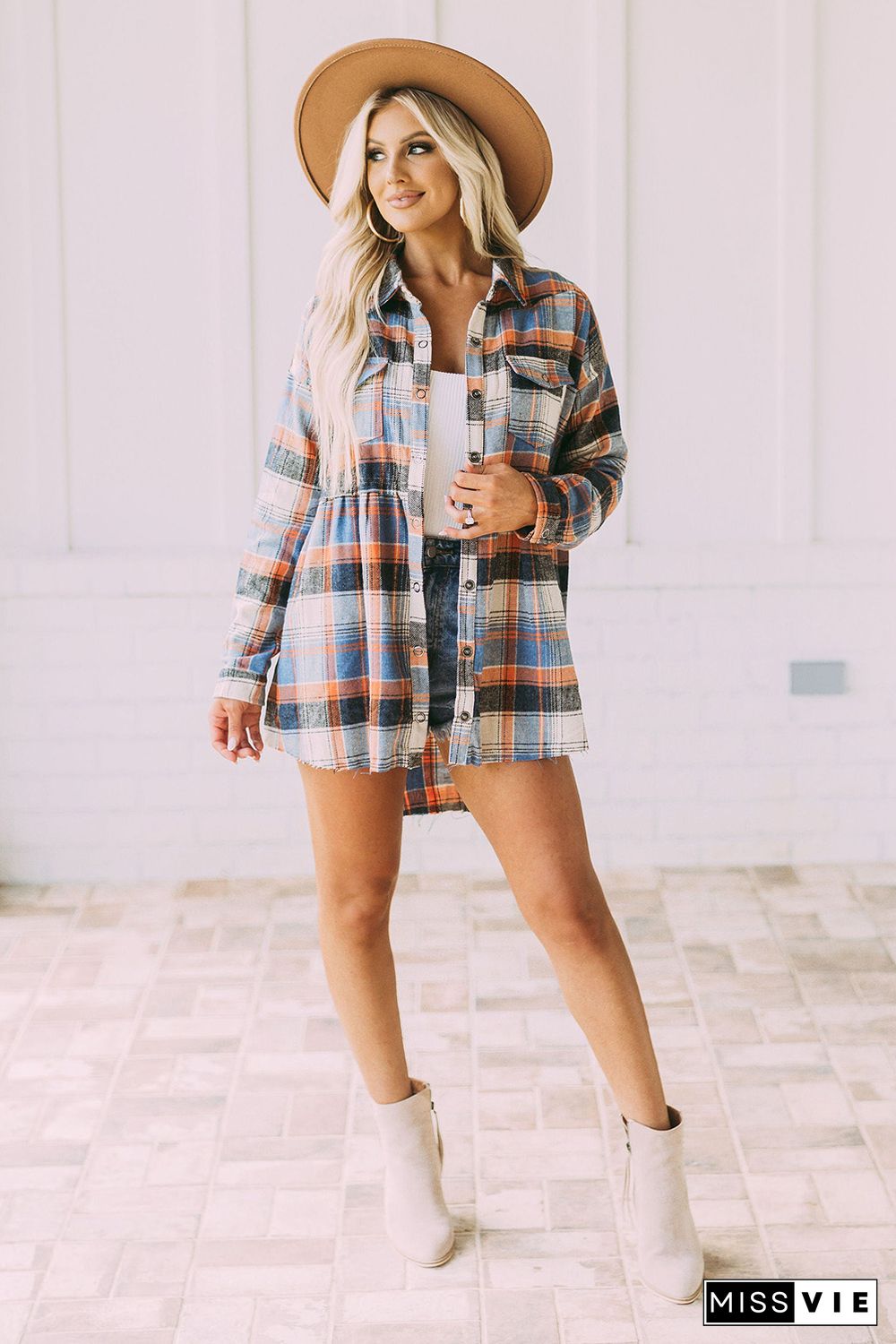 Multicolor Plaid Button Down Ruffled Shirt Jacket