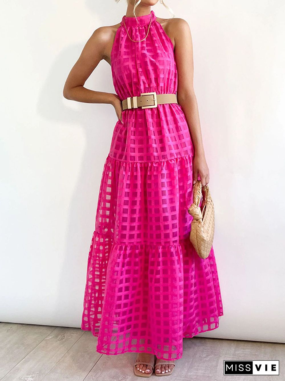 Loose Sleeveless Plaid Ribbed Stand Collar Maxi Dresses