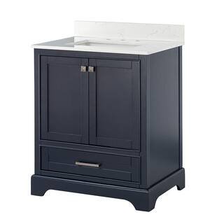 FAMYYT 30 in. W x 22 in. D x 35.6 in. H Single Sink Freestanding Bath Vanity in Blue with White Cultured Marble Top XJ-1137BU-L