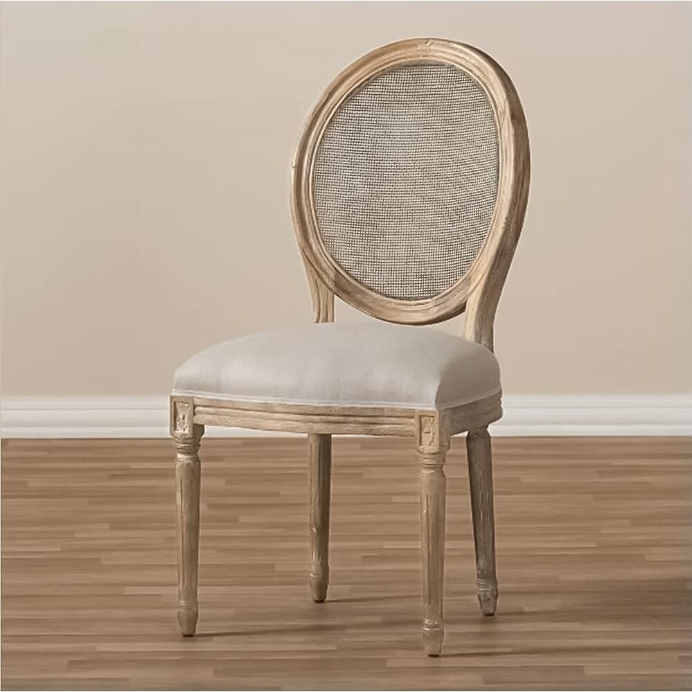 French Chic Vintage Style Dining Side Chair With Upholstered Linen Welted Fabric And Elegant Natural Rustic Wood Frame