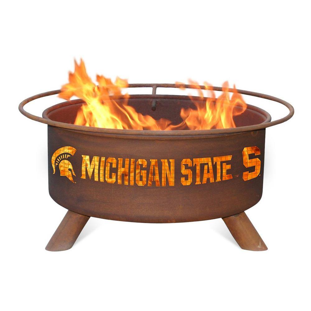 Michigan State 29 in. x 18 in. Round Steel Wood Burning Rust Fire Pit with Grill Poker Spark Screen and Cover F403