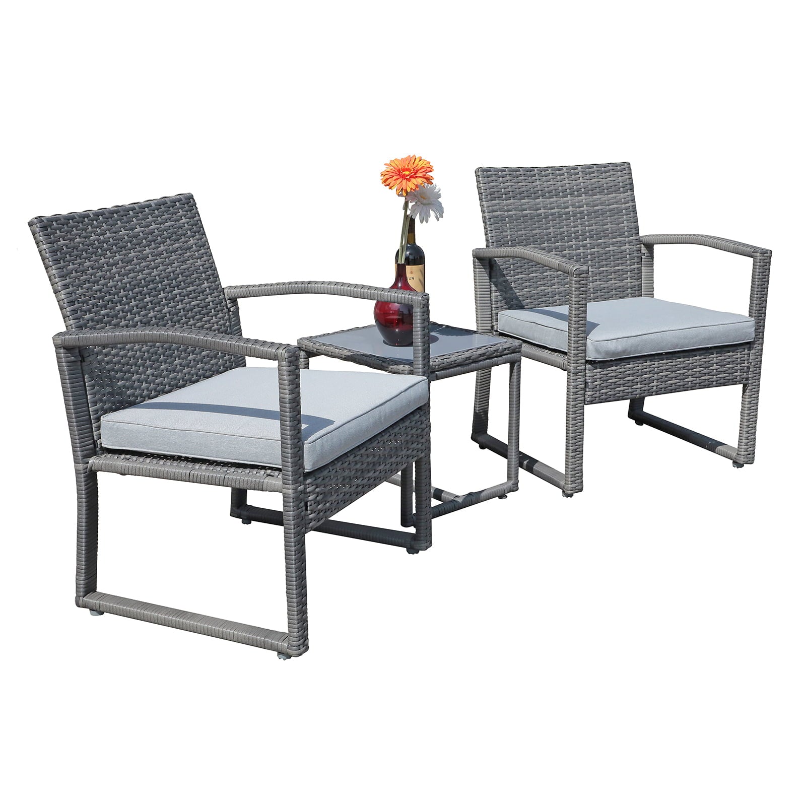 Patiorama 3 Piece Outdoor Modern Bistro Set， Wicker Conversation Set， Patio Rattan Chair Set， Patio Furniture Set with Coffee Table， Garden (Grey)