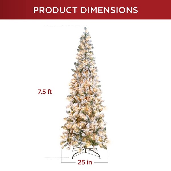 Flocked Pencil Christmas Tree，PreLit Slim Artificial Holiday Decoration，7.5ft Lighted Skinny w/Base，Warm White Lights