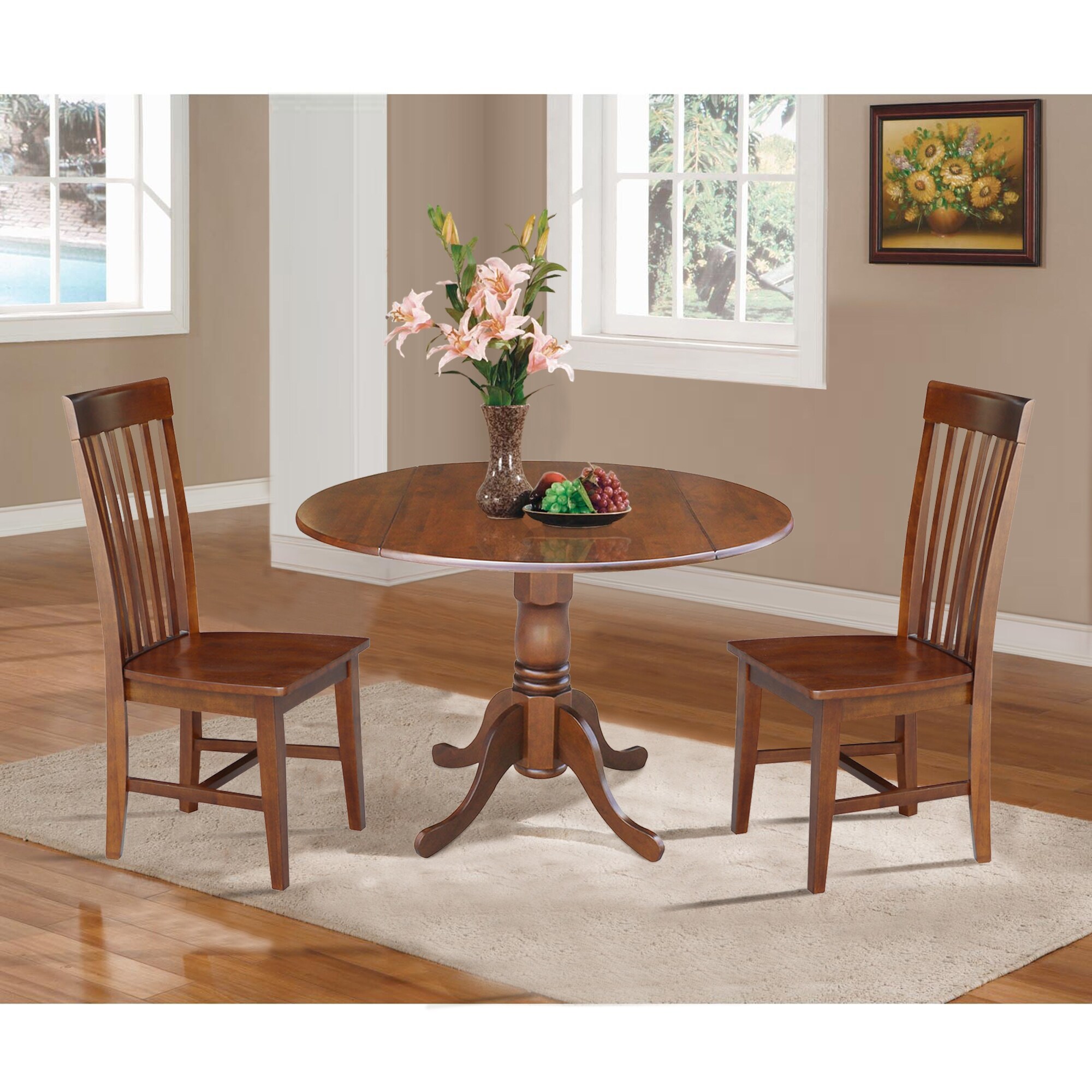 42 in. Drop Leaf Table with 2 Slat Back Dining Chairs - 3 Piece Set