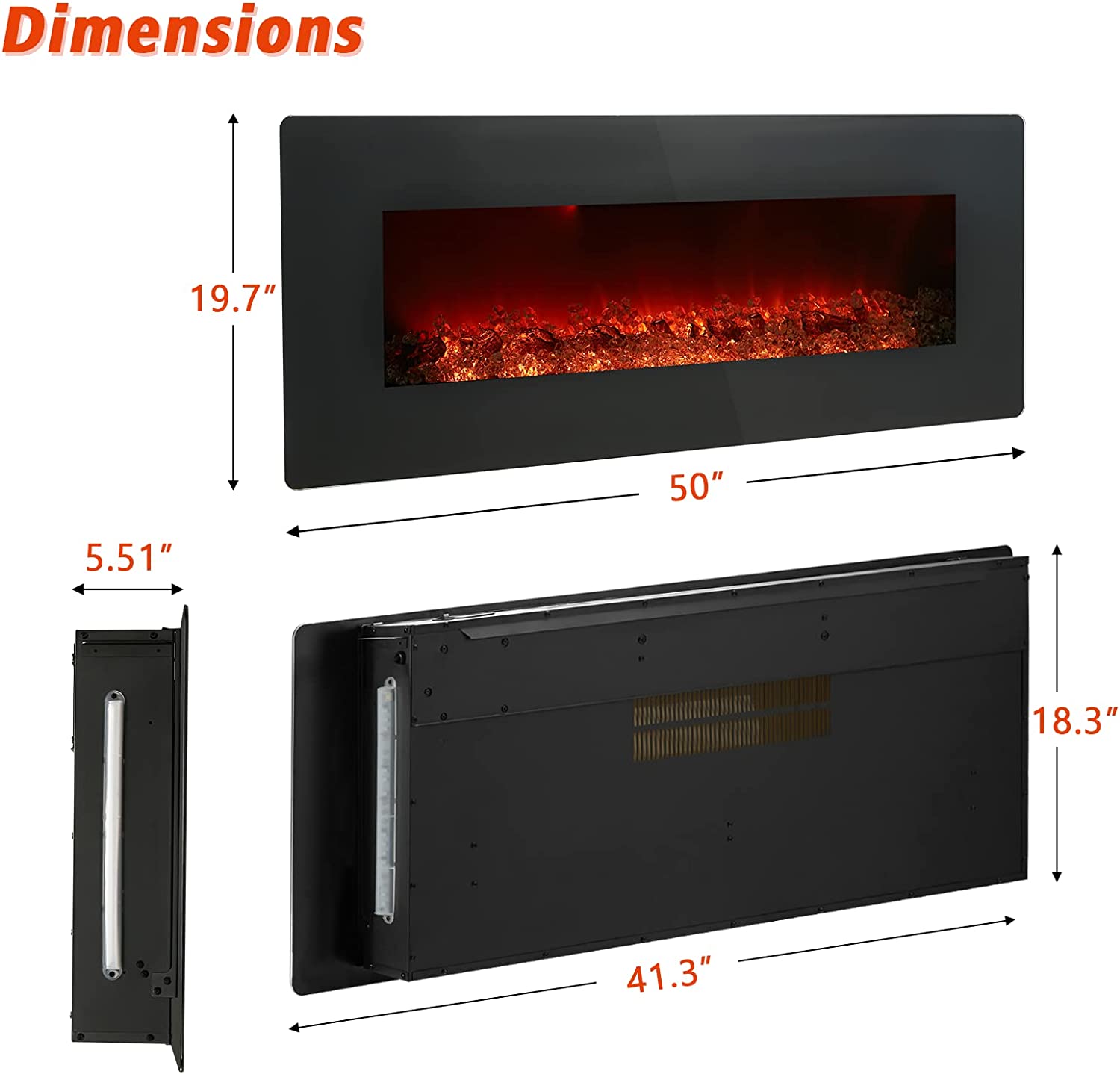 YODOLLA 50'' Wall Mounted Electric Fireplace with 10 Color Flames, Remote Control and Crystal