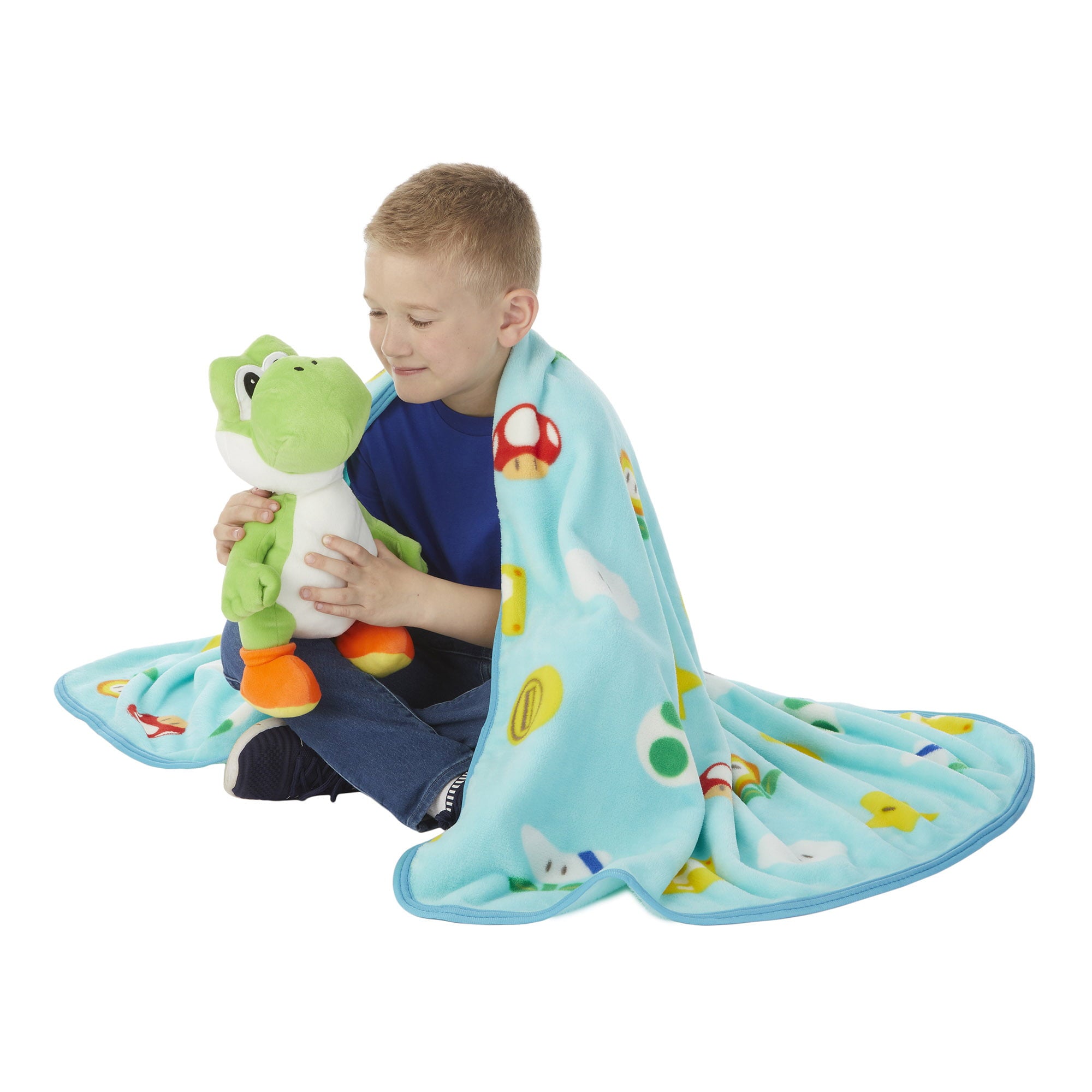 Super Mario Kids Yoshi Hugger Pillow and Fleece Throw Gift Set， 2-Piece， Teal