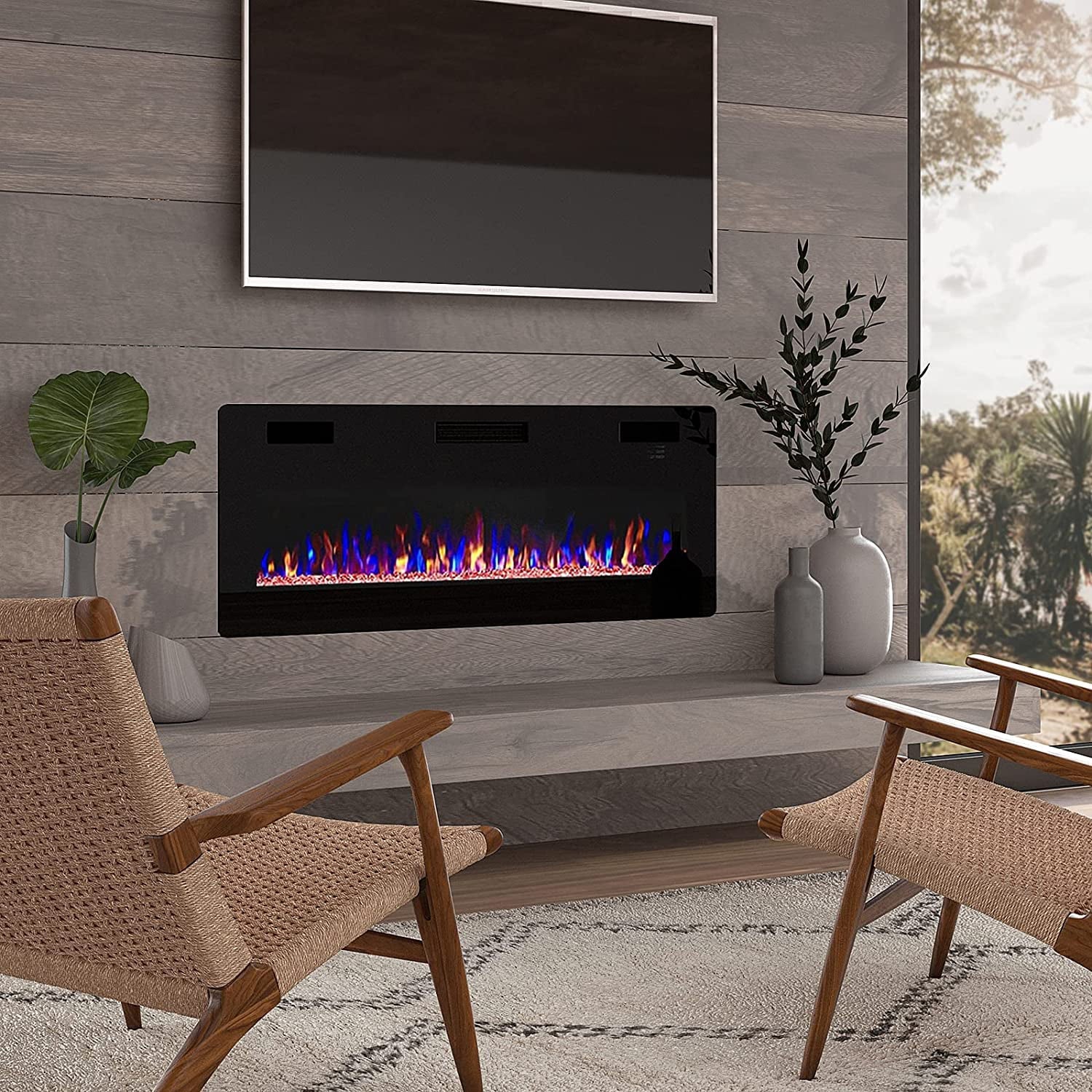 BOSSIN 50 inch Electric Fireplace, Recessed Wall Mounted Electric Fireplace inserts,Ultra Thin Adjustable Flame Colors & Speed Fireplace with Touch Screen and Remote Control