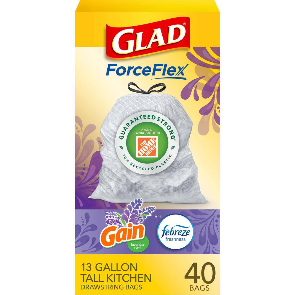 Glad Force Flex 13 Gal. Drawstring Lavender Scent Odor Shield Trash Bags (40-Count) 1258722440