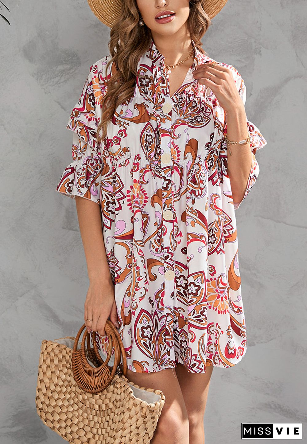 Printed Front Down Button Dress