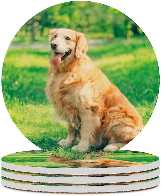 1pc Round Golden Retriever In The Park Ceramic Coasters With Cork-backed For Coffee Drink Cup Mat Absorbent Stone Coasters