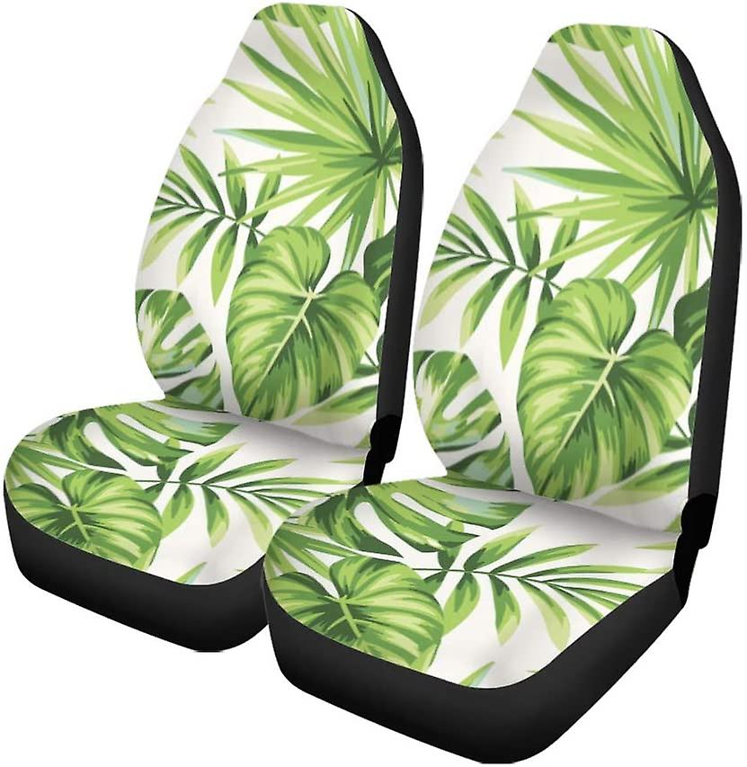 Set Of 2 Car Seat Covers Green Leaf Tropical Exotic Palm Leaves Pattern Plant Jungle Universal Auto Front Seats Protector Fits