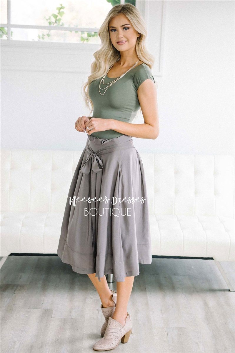 Muted Gray Tie Waist Full Skirt