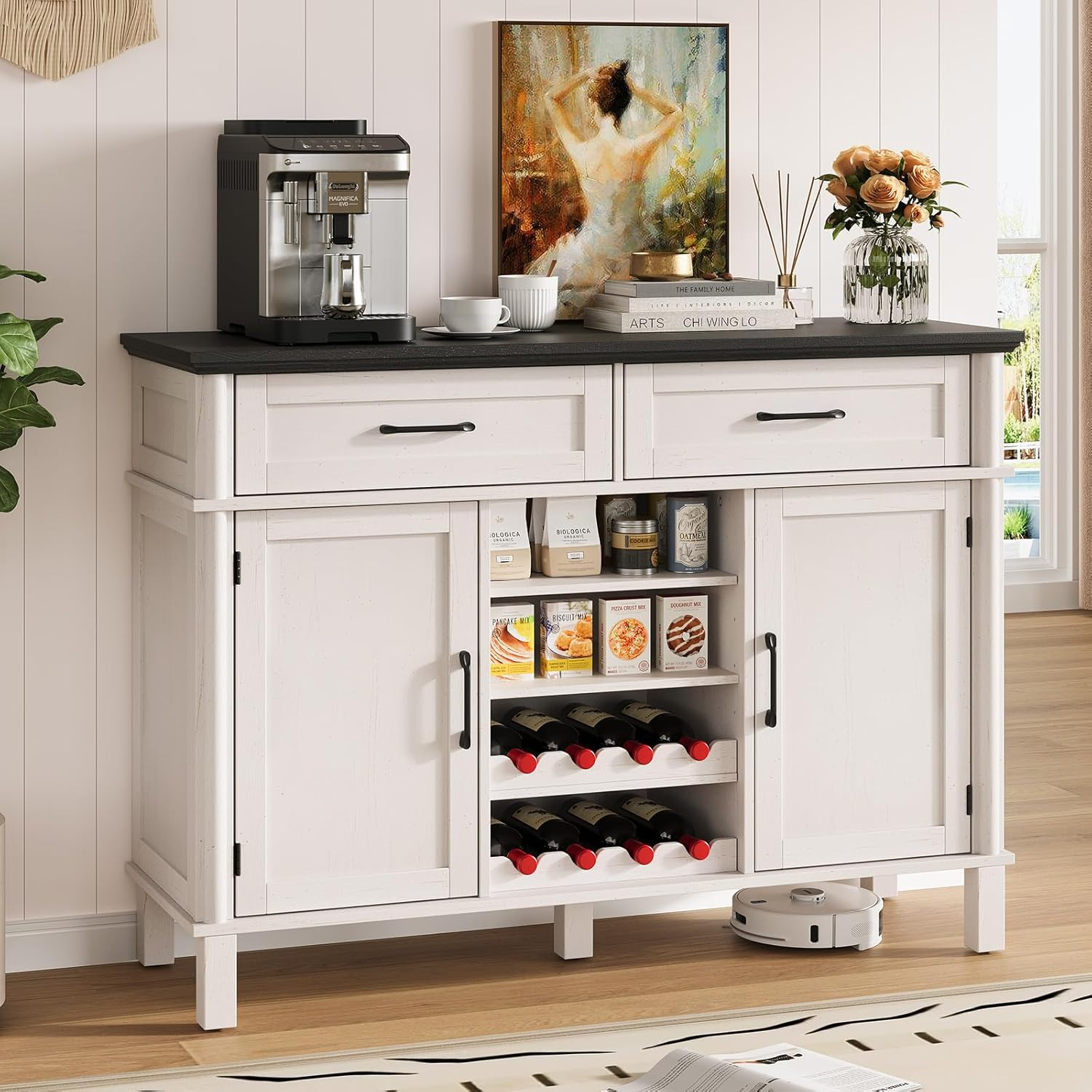 48 inches Buffet Storage Cabinet with 2 Wine Racks, 2 Drawers and Side Cabinets