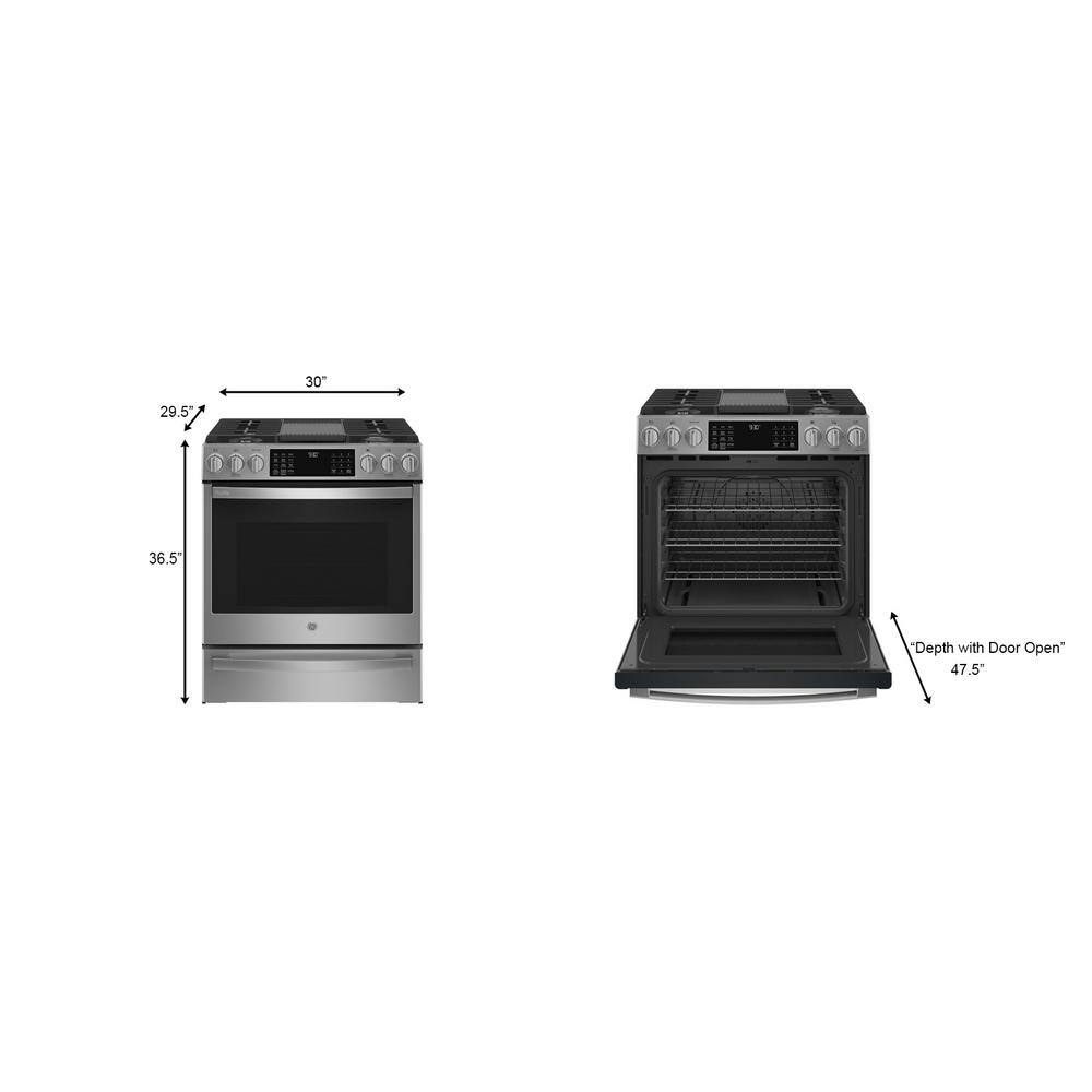 GE Profile 30 in. 5.6 cu. ft. Smart Slide-In Gas Range in Fingerprint Resistant Stainless with Convection and Air Fry PGS930YPFS