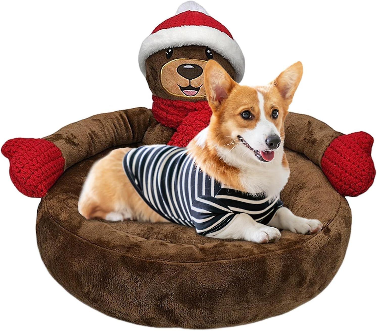 Christmas Dog Bed， Warm Pet Bed， Dark Brown Bear Kennel Cushion With Non-slip Base， A Cozy Winter Retreat For Your Cats And Small Dogs，m