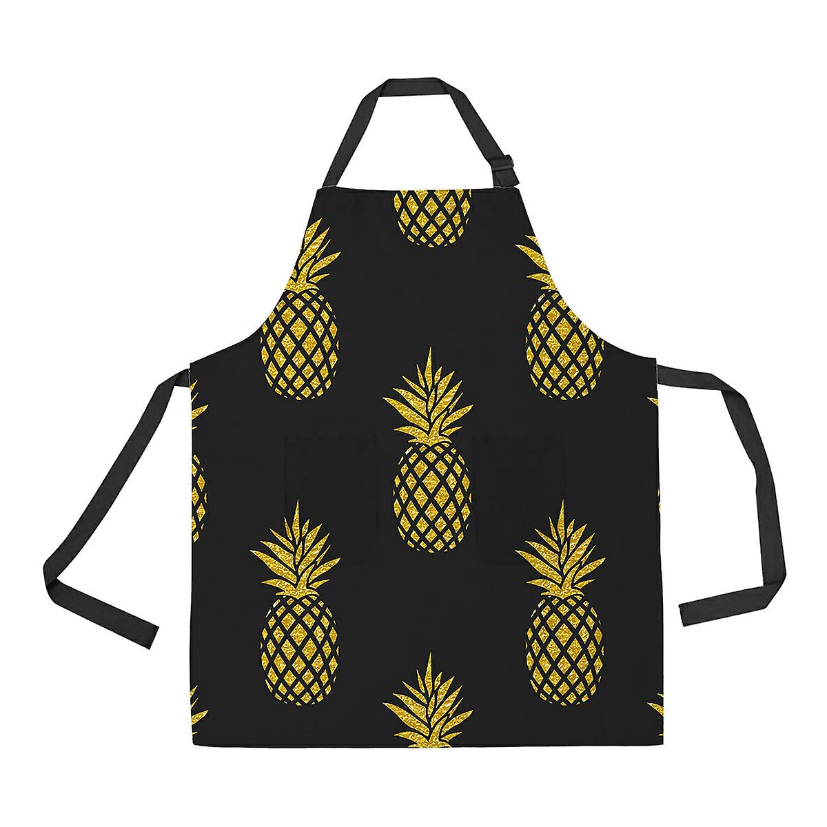 Summer Gold Pineapple Black Fruit Apron Home Kitchen Apron With Pockets