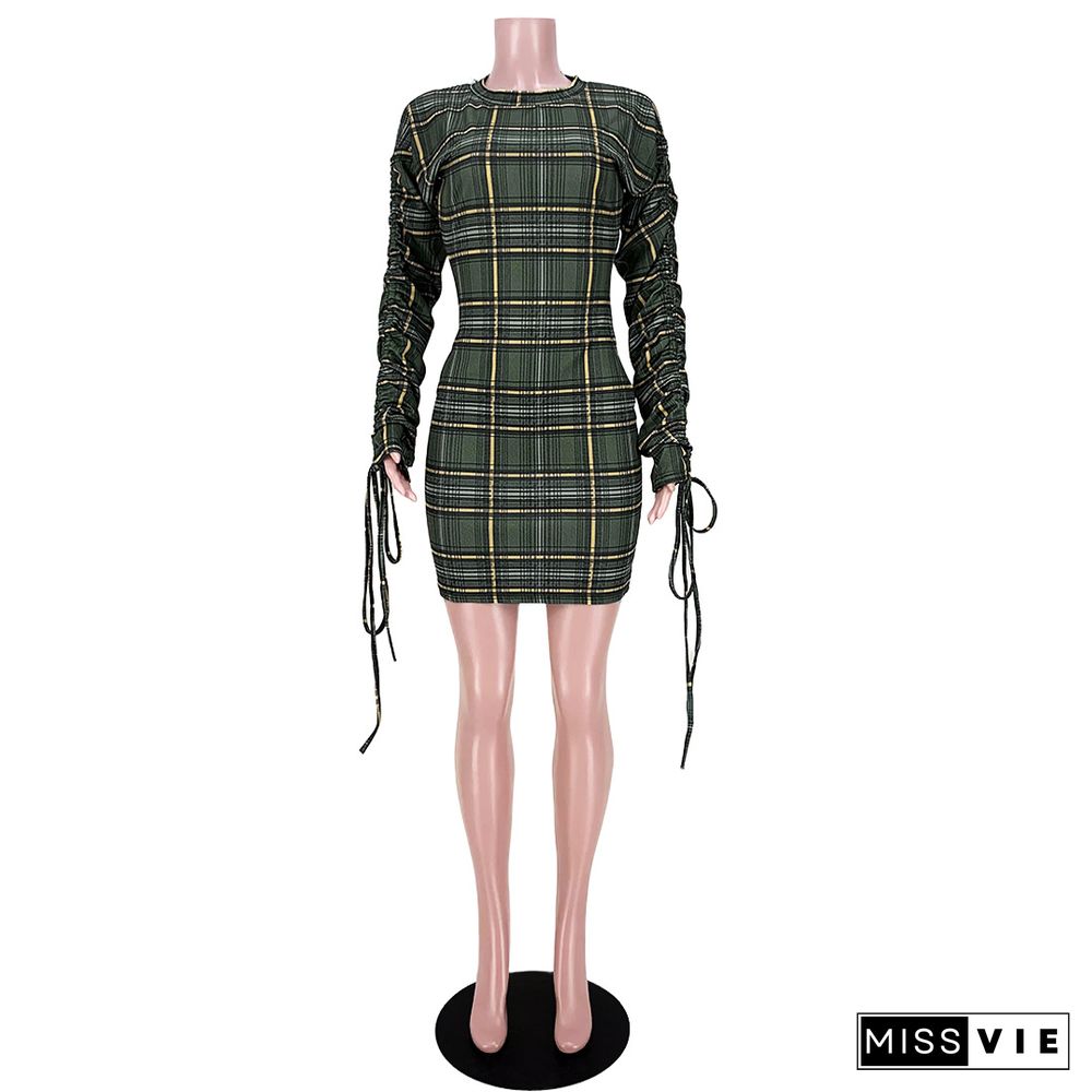 Plaid Print Pleated Sleeves Skinny Pencil Dress