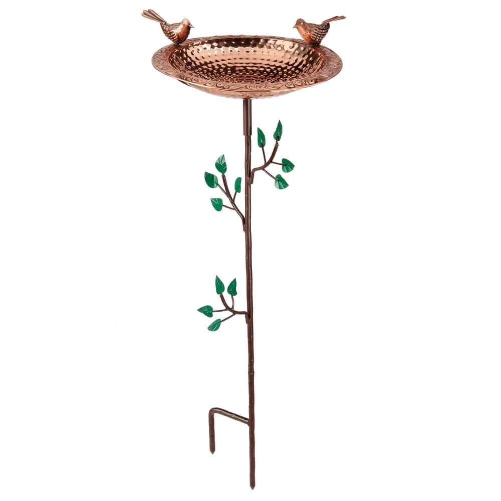 Good Directions Pure Copper Birdbath， Featuring Two Copper Birds and a Tree Themed Multi-Pronged Garden Pole BBG-2