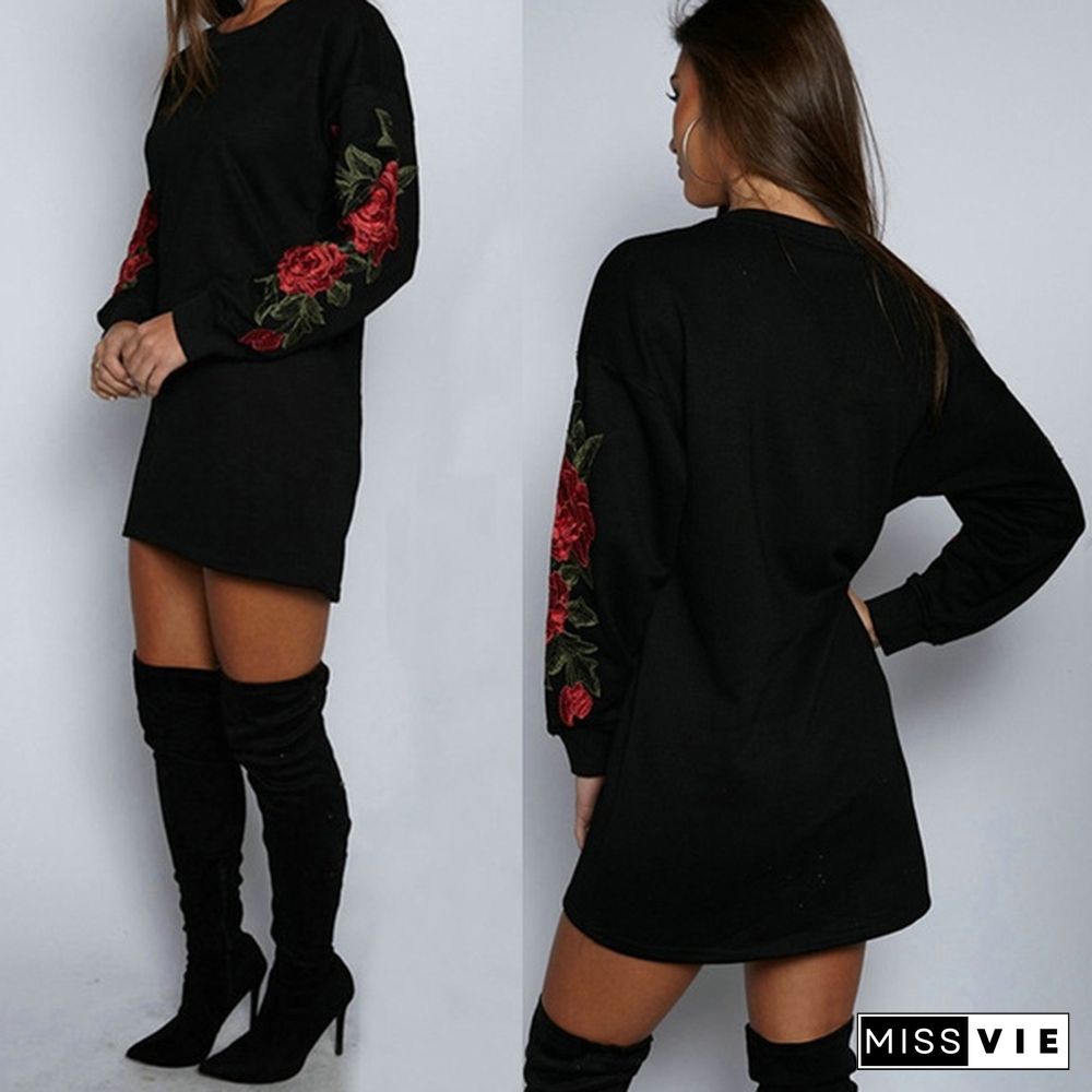 Women's Fashion Embroidery Long Sleeve Sweater Dress S-5XL