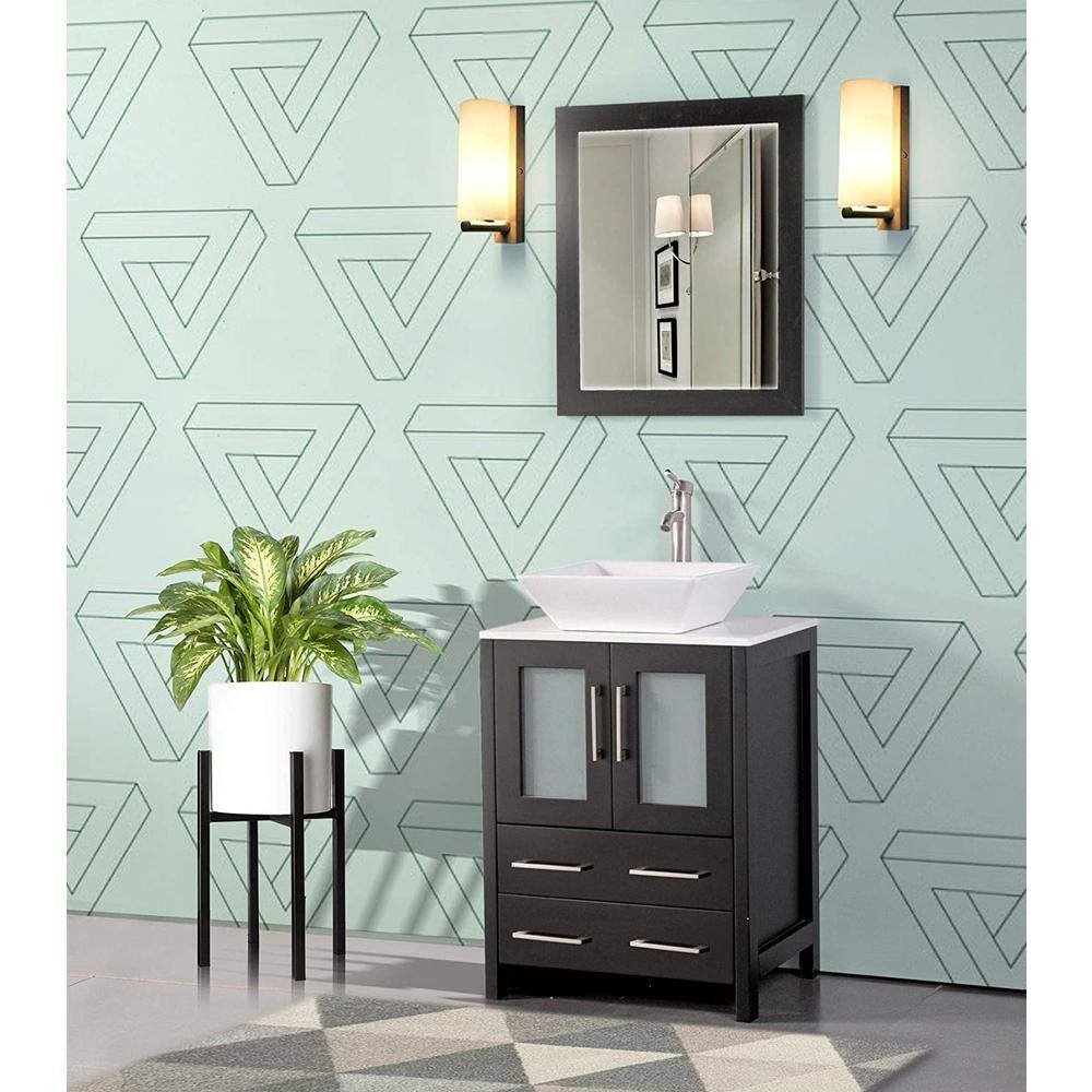 Vanity Art Ravenna 24 in. W Bathroom Vanity in Espresso with Single Basin in White Engineered Marble Top and Mirror VA3124-E