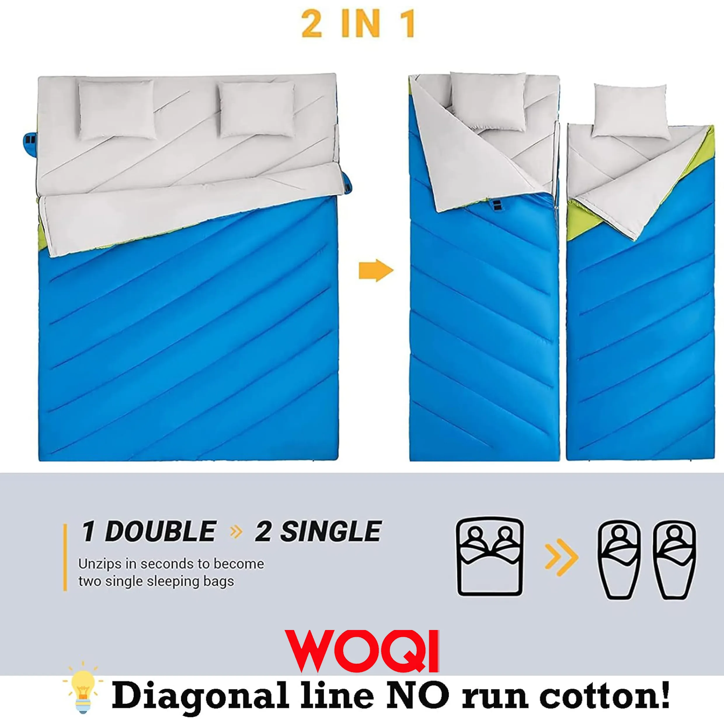 WOQI large double sleeping bag  suitable for camping  hiking  travel  with 2 pillows