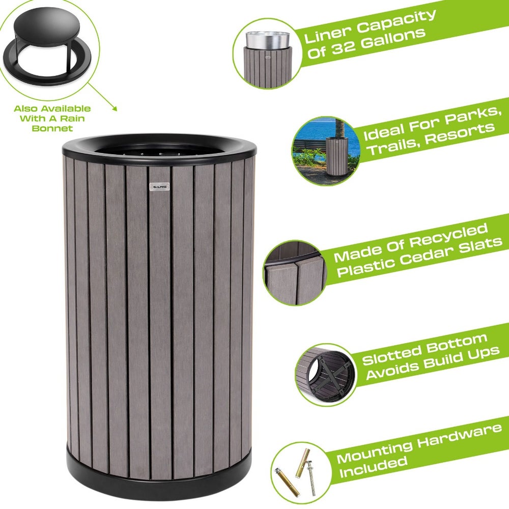 Alpine ALP4400-01-GRY Round 32-Gallon Outdoor Trash Can with Slatted， Recycled Plastic Panels， Gray